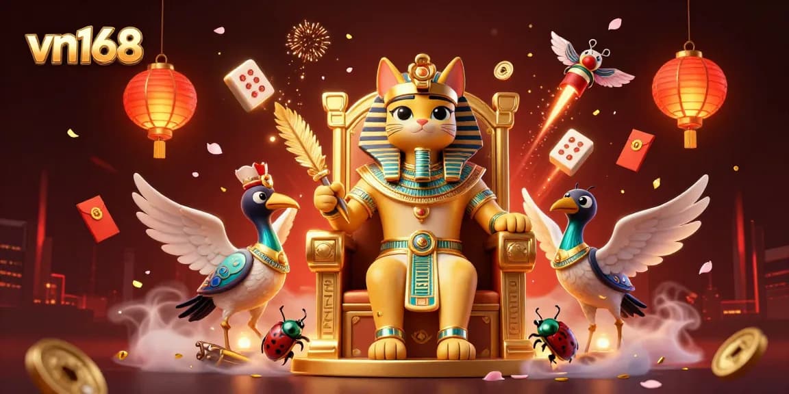 Experience vn168 with a vibrant 3D illustration of gambling elements and Egyptian themes.
