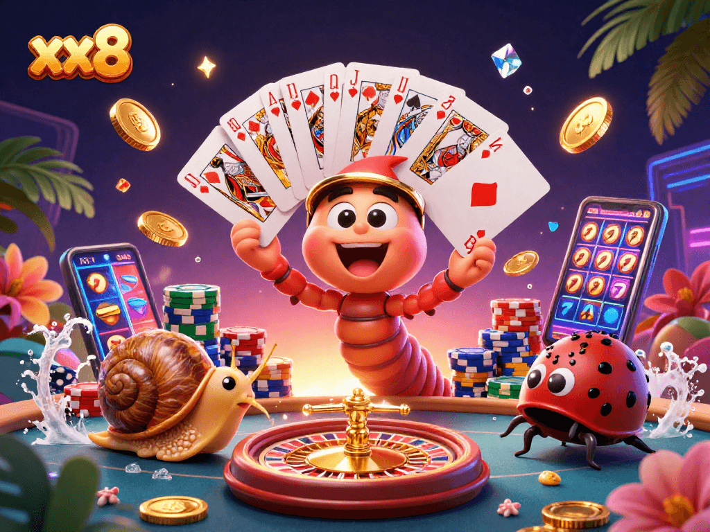 Experience the thrill of xx8 with our vibrant 3D casino scene featuring interactive cards and energetic characters.