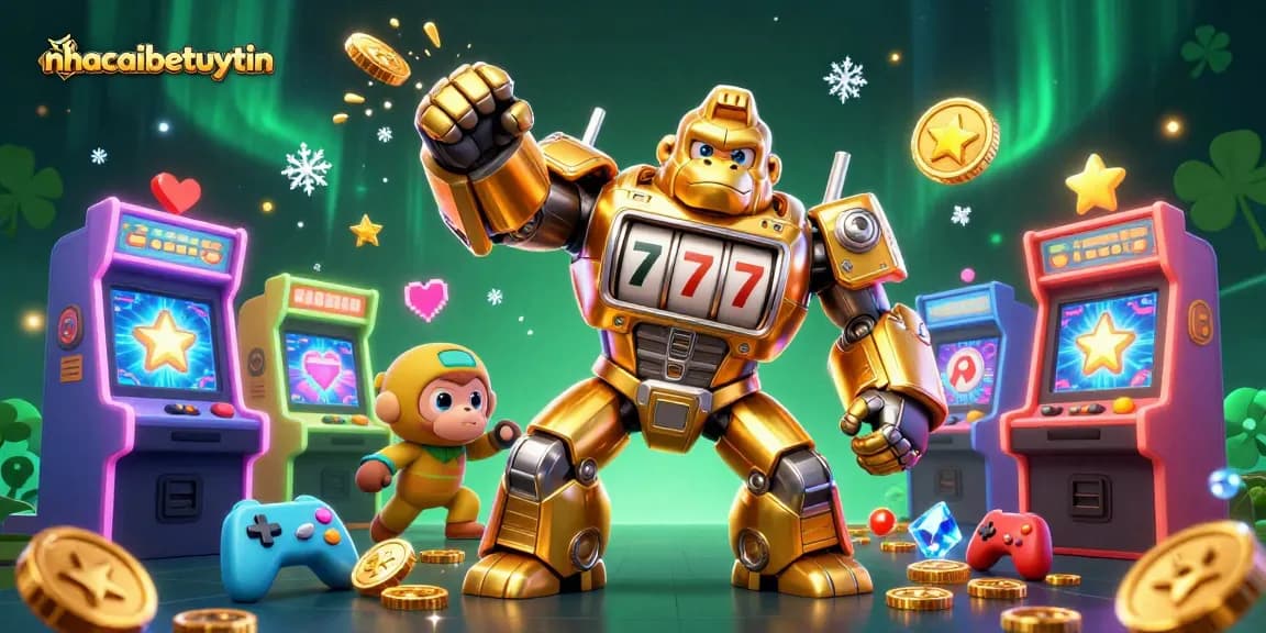 Engage in thrilling action with the nhacaibetuytin golden mech amidst a vibrant casino scene filled with dynamic gaming elements.