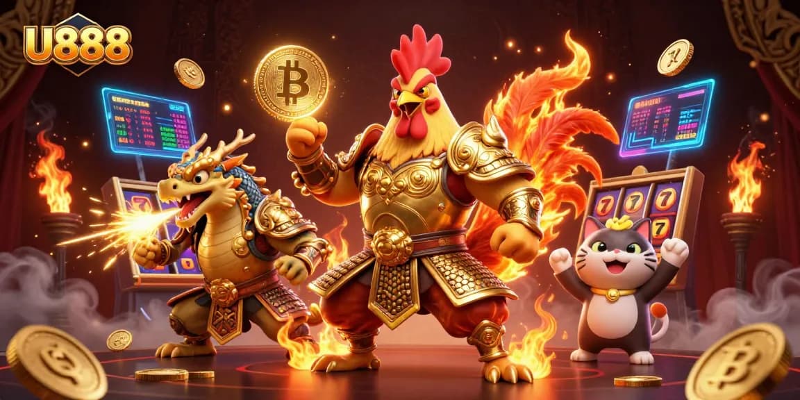 Engage with U888's vibrant 3D illustration featuring a rooster warrior, dragon hatchling, and glamorous casino elements.