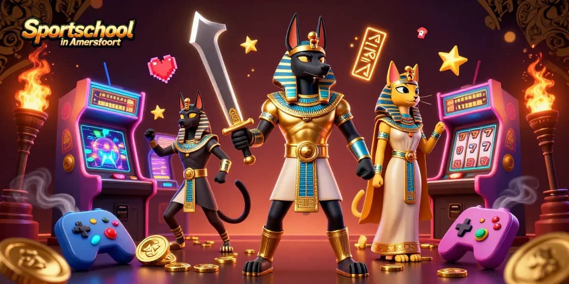 Spin the reels at Sportschool in Amersfoort with Anubis and Bastet amidst vibrant casino action.