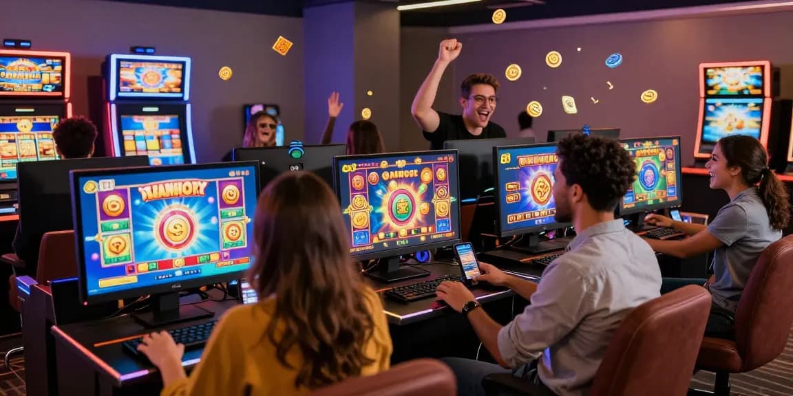 Akses login wd138 scene showcasing players enjoying vibrant online slot games in a modern digital casino environment.