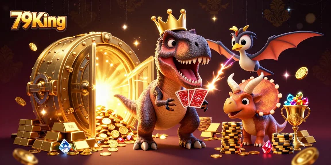 Experience the excitement of 79King with a lively casino scene featuring a T-Rex and vibrant game elements.