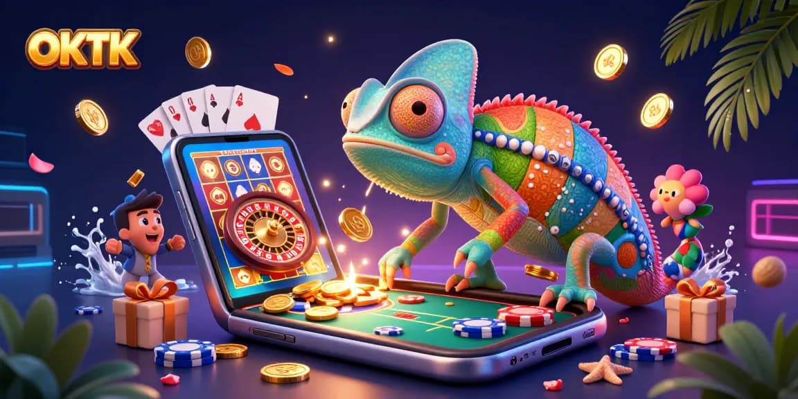 Play at OKTK casino with the vibrant chameleon owner surrounded by rich gaming elements.