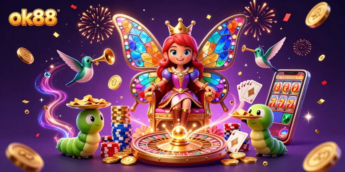 Play and win with ok88 in an energetic casino scene filled with vibrant illustrations and exciting game features.