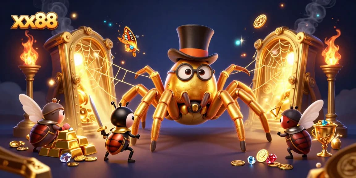 Engage with xx88's dynamic casino atmosphere featuring a golden tarantula and heroic beetle knight.