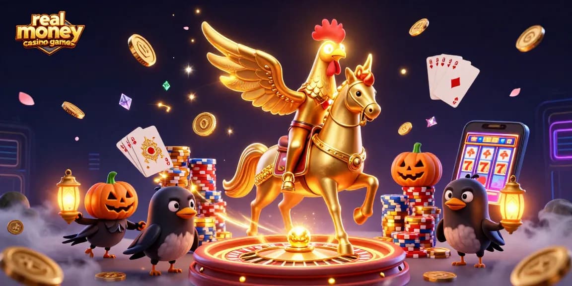 Experience thrilling real money casino games with golden rooster and vibrant casino elements.