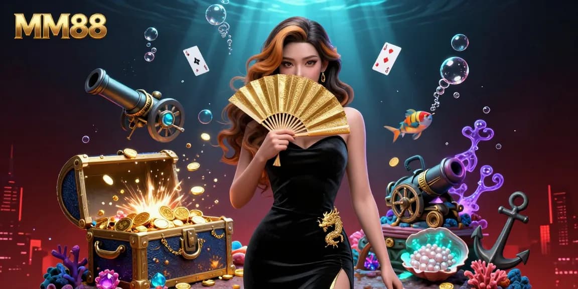 Engage with MM88's vibrant gaming scene featuring a captivating Asian woman, gold treasures, and dynamic gaming elements.