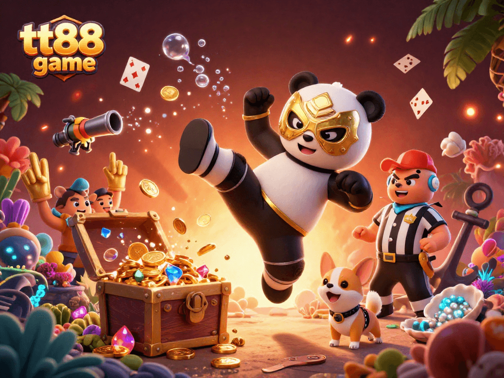Engage with the thrilling tt88 game featuring a vibrant 3D wrestling panda amidst a treasure explosion.