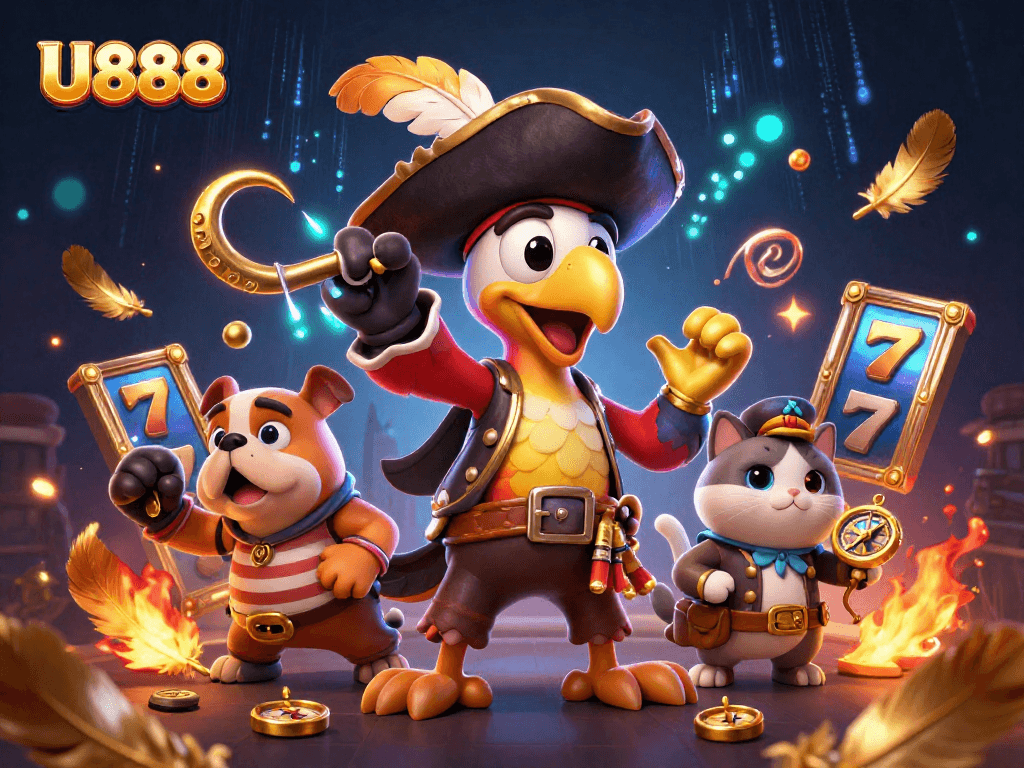 Engage with U888 in a vibrant 3D illustration capturing a thrilling casino atmosphere with pirates and slot elements