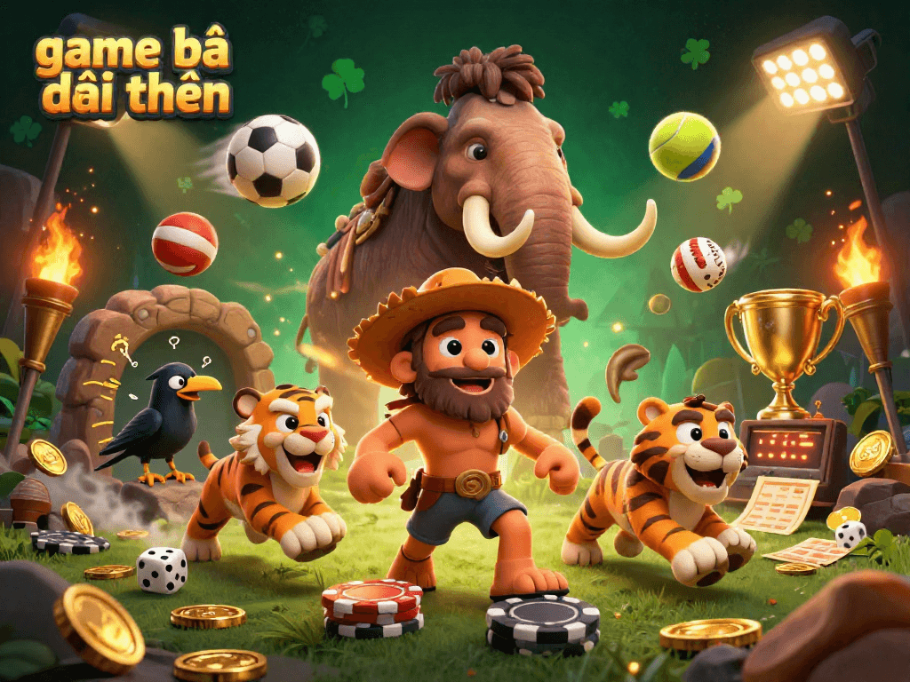 Experience thrilling game bài đổi thưởng at a prehistoric casino with vibrant characters and dynamic sports elements.