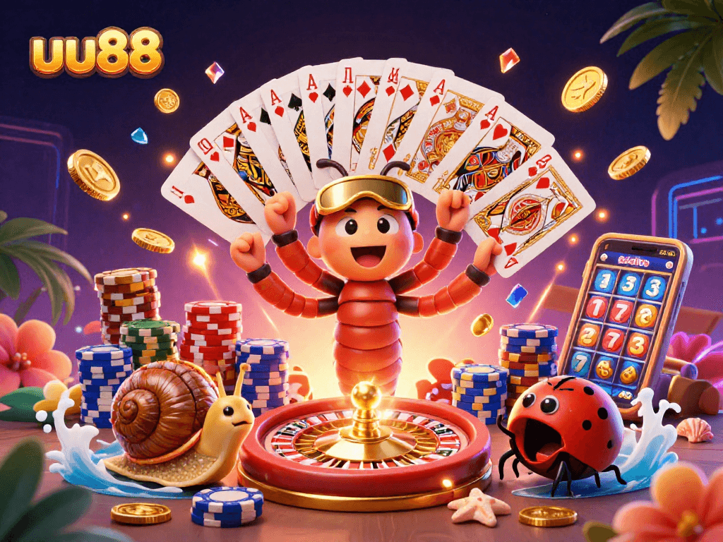 uu88 engaging players with an exciting casino scene featuring a lively millipede dealer and vibrant elements.