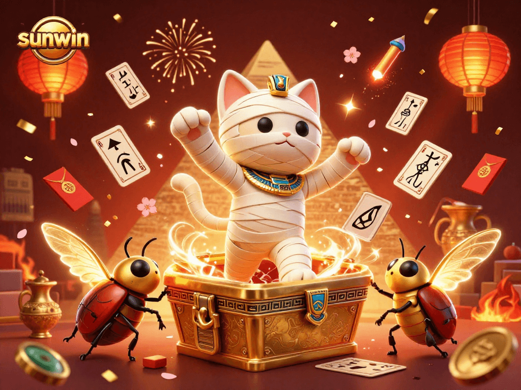 Experience the excitement of sunwin with a dynamic scene featuring a mummy cat and golden scarab in a casino.