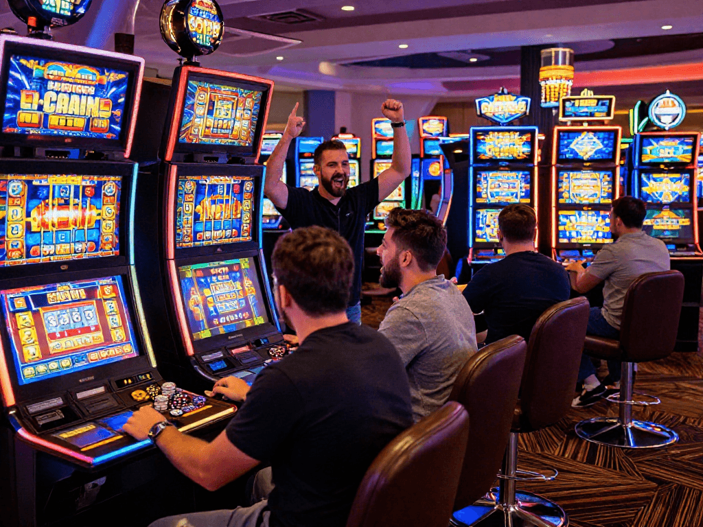 Excited players celebrating their wins at colorful slot machines highlighting the thrill of hitting the slot jackpot.