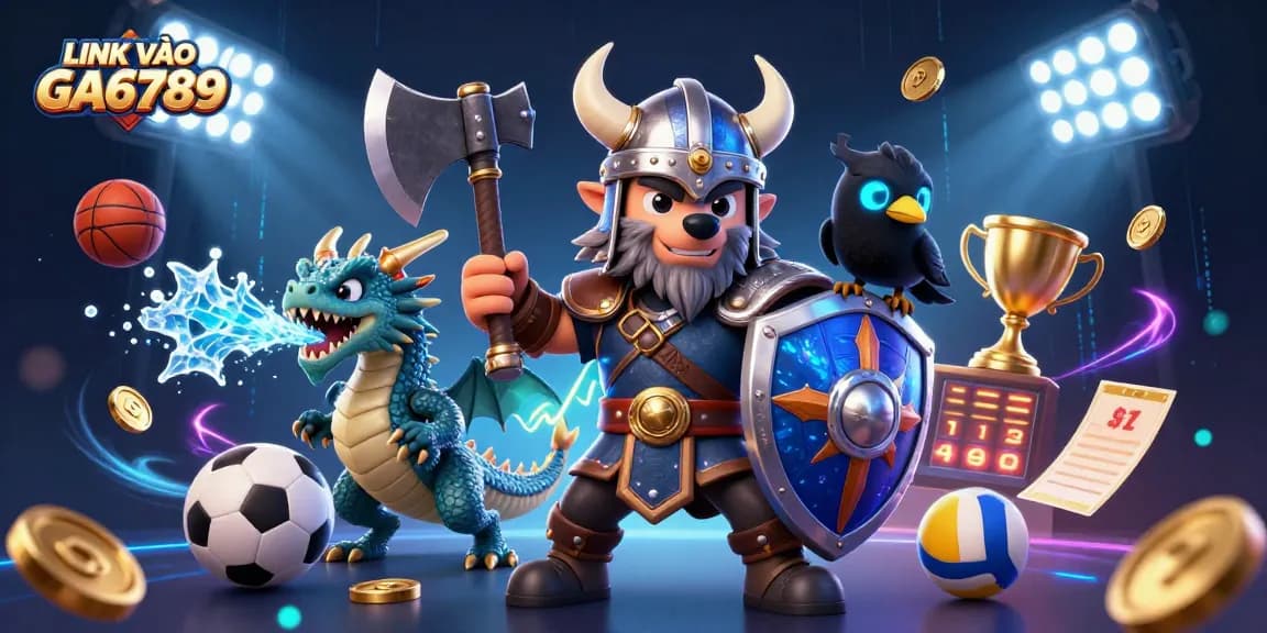 Engaging 3D illustration showcasing LINK VÀO GA6789 with a Viking wolf hero, a fierce dragon, and vibrant sports elements