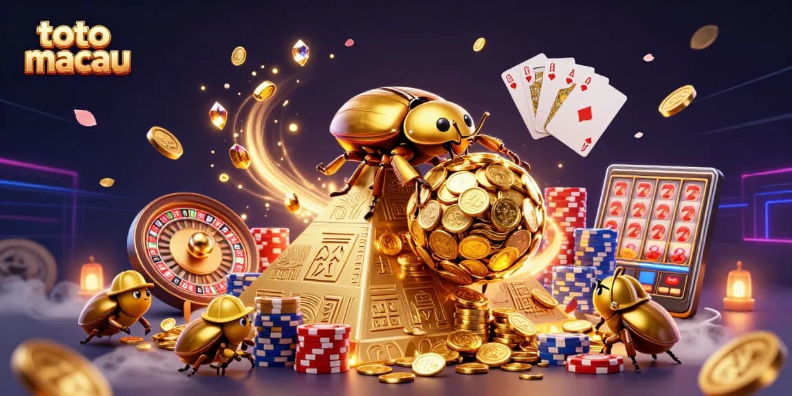 Menangkan di toto macau dengan ilustrasi kasino megah dan bebatuan emas yang menciptakan suasana meriah.