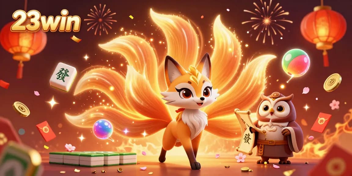 Experience the vibrant world of 23win with a colorful 3D casino-themed illustration featuring a mystical fox and owl amidst flying game elements.