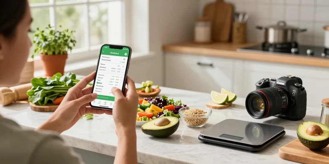 Healthy meal tracking with the best calorie tracker app on a smartphone in a bright kitchen.