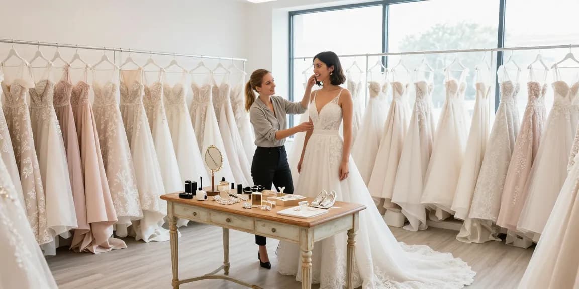 Stylistica nuziale: sposa prova abiti da sposa personalizzati in boutique.