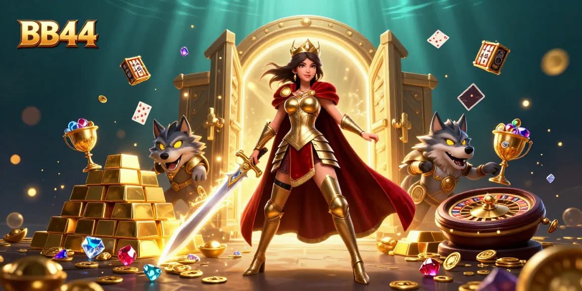 Engage in thrilling gameplay with BB44, showcasing a warrior queen, treasure, and vibrant casino elements.