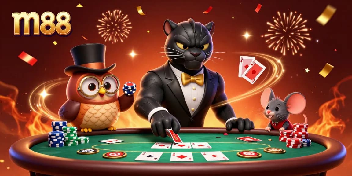 Engage in thrilling poker gameplay with m88, featuring a stylish panther dealer and vibrant casino elements.