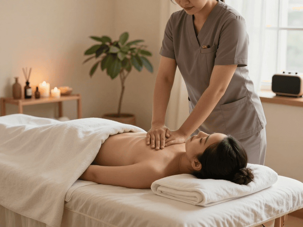 Experience 출장안마 in the comfort of home with a professional therapist creating a serene atmosphere.