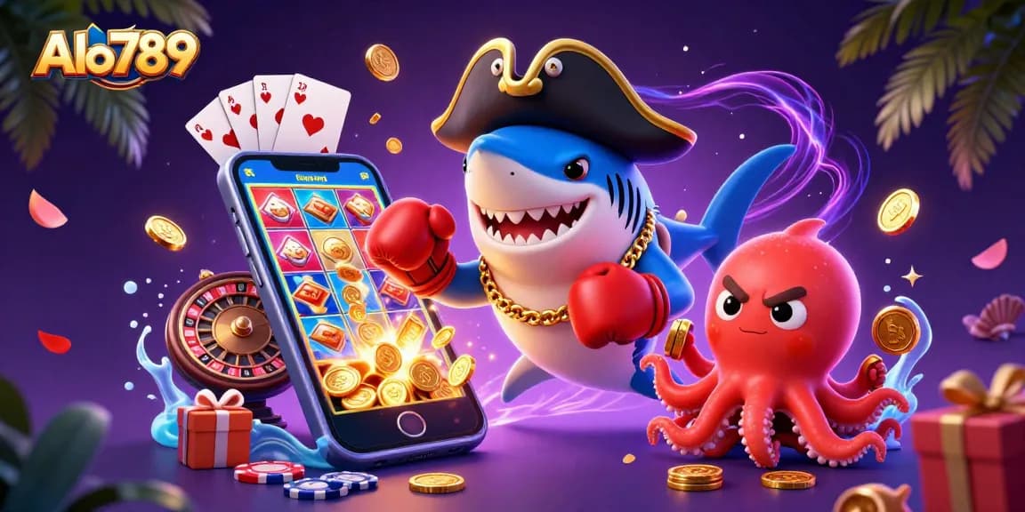 Alo789 entertains with a vibrant 3D illustration showcasing a pirate shark, boxing pufferfish, and treasure-holding octopus.
