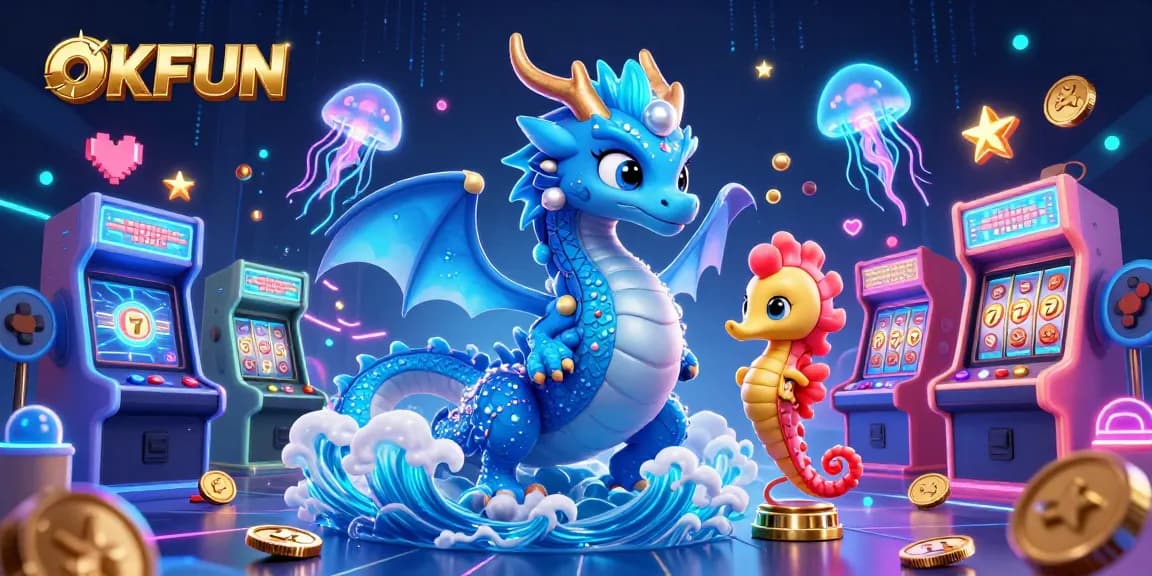 Spin the reels of fortune with OKFUN amidst magical creatures and vibrant gaming elements.