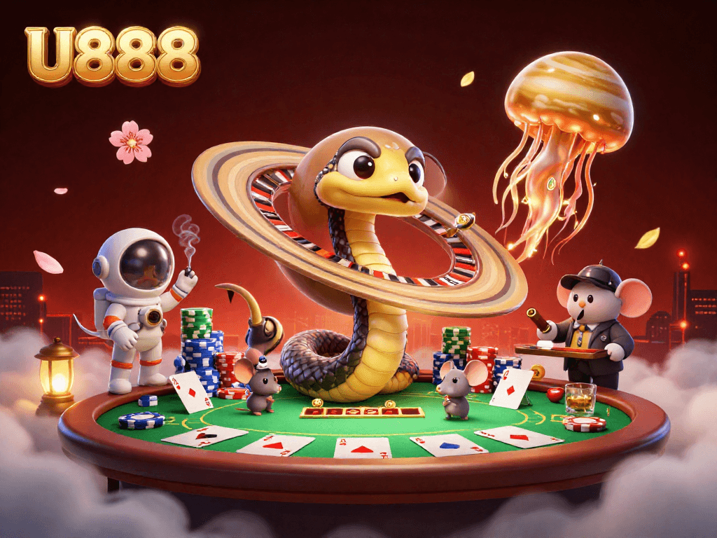 Experience U888 with a vibrant 3D casino scene featuring a Saturn snake, astronaut mice, and cosmic elements.