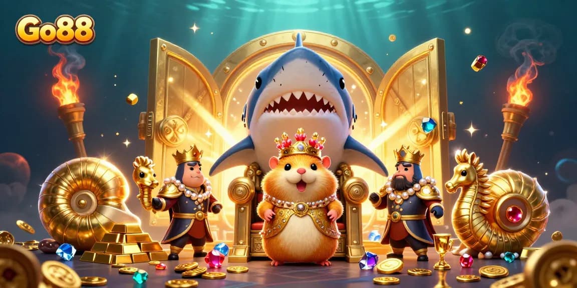 Experience the thrill of Go88 with vibrant treasures and a golden hamster king in a dynamic casino scene.