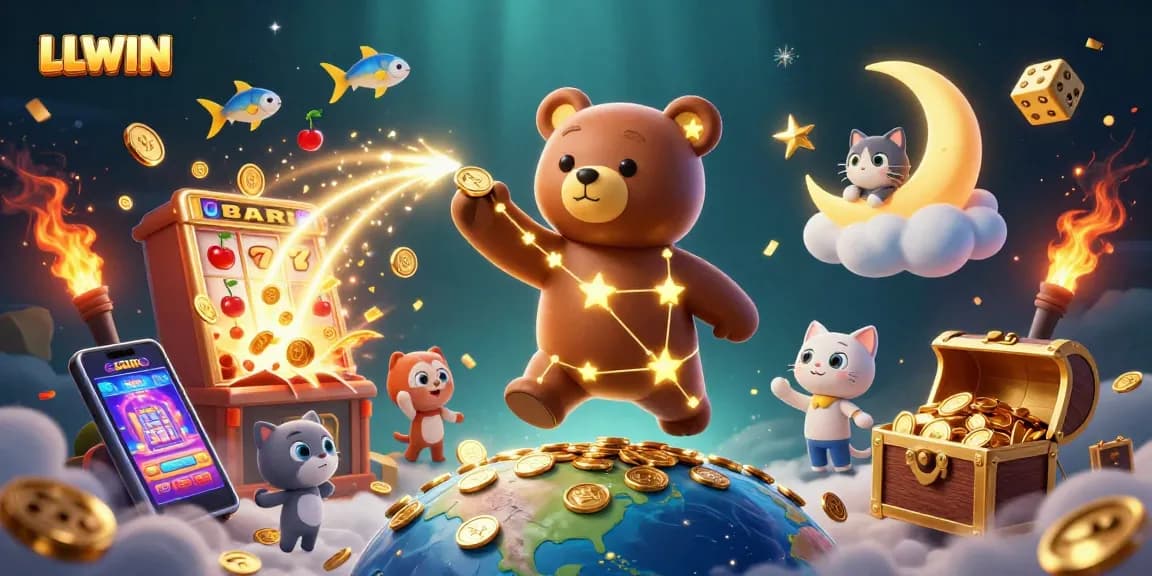 Experience LLWIN's exciting jackpot with golden coins and cosmic companions in a vibrant casino scene.