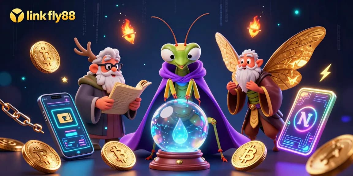 Experience thrilling wins at link fly88 with a vibrant 3D casino scene featuring fortune tellers and crypto coins.