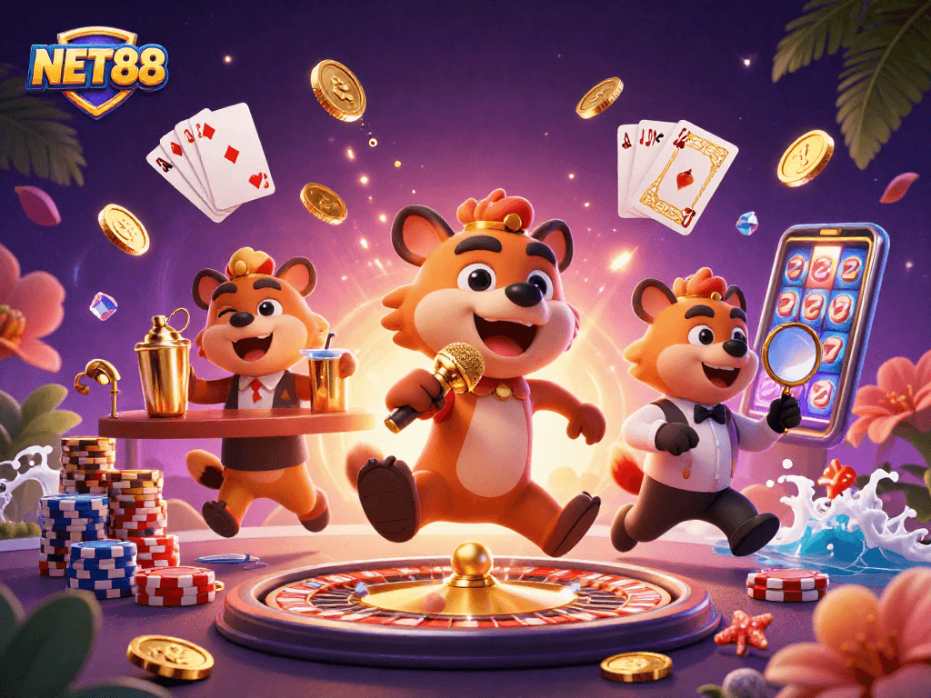 Experience the vibrant NET88 comedy casino with hyenas performing and games in action.