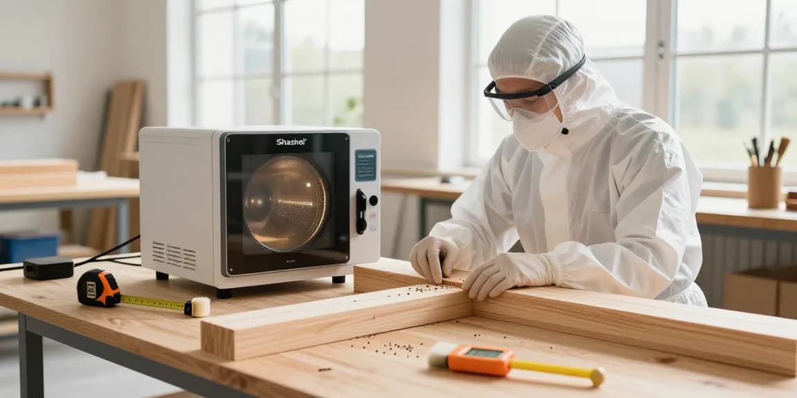 Shashel's efficient microwave technology eliminating woodworms in a bright workshop.