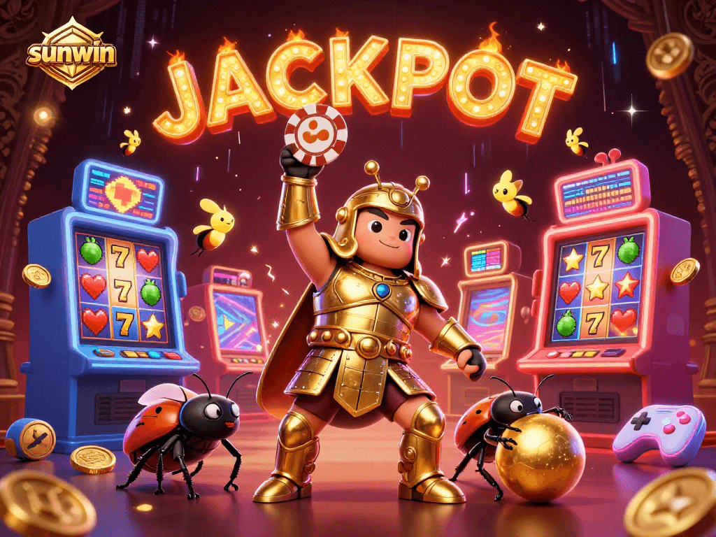 Win big at sunwin with a vibrant scene of victory in a casino showcasing poker chips and slot machines.