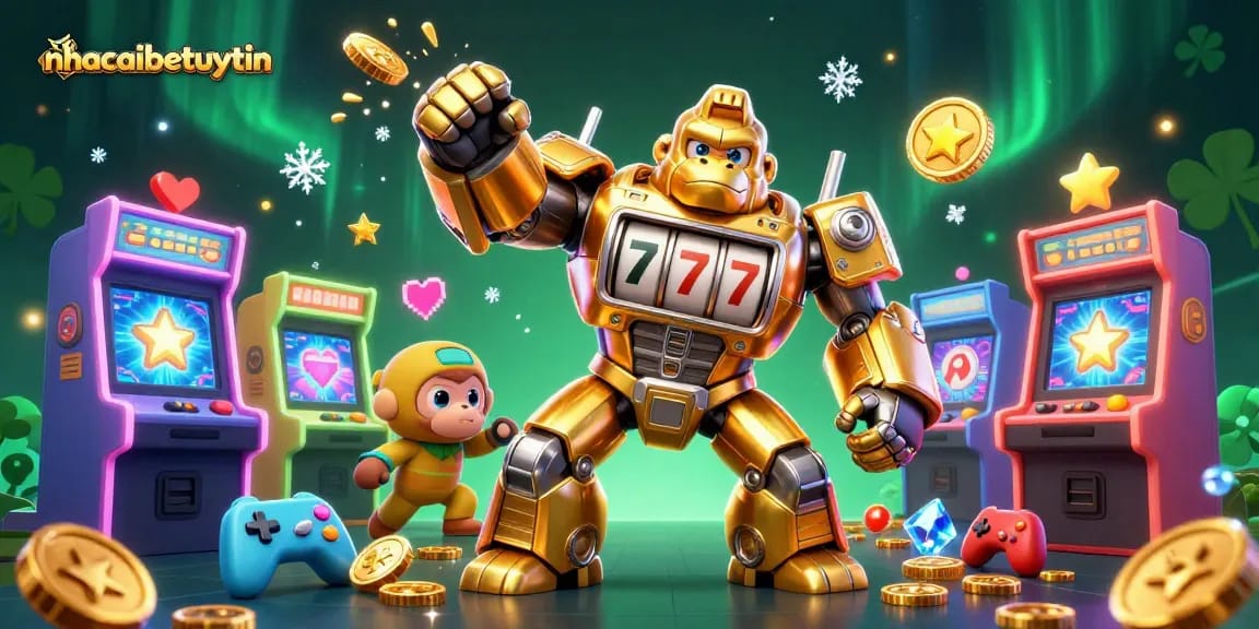 Engage in thrilling action with the nhacaibetuytin golden mech amidst a vibrant casino scene filled with dynamic gaming elements.