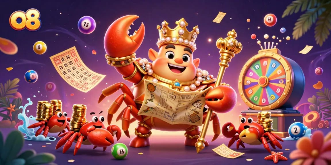 Engage with vibrant lottery action featuring o8's majestic golden crab emperor amidst colorful game elements.