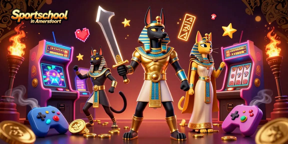 Spin the reels at Sportschool in Amersfoort with Anubis and Bastet amidst vibrant casino action.