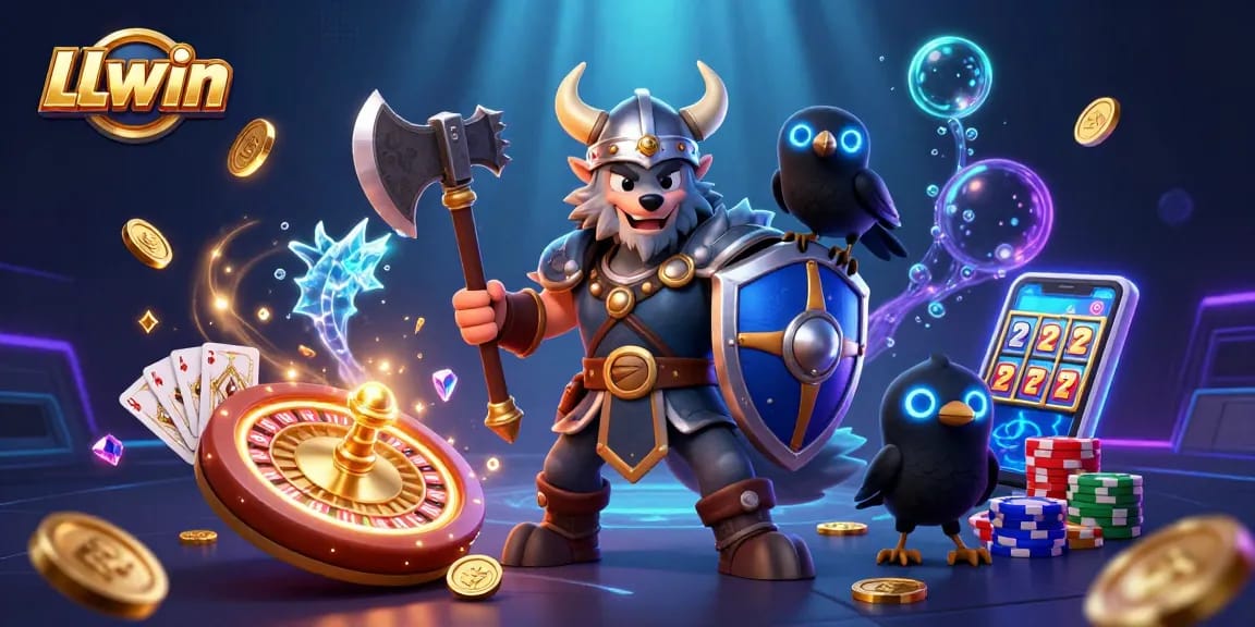 LLwin captures the thrill of online gaming with a Viking warrior, dragon, and vibrant casino elements.