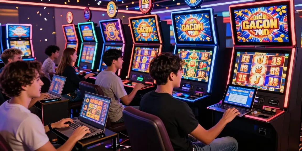 Exciting online gaming scene showcasing diverse players enjoying slot gacor games, celebrating wins in a vibrant virtual casino atmosphere.