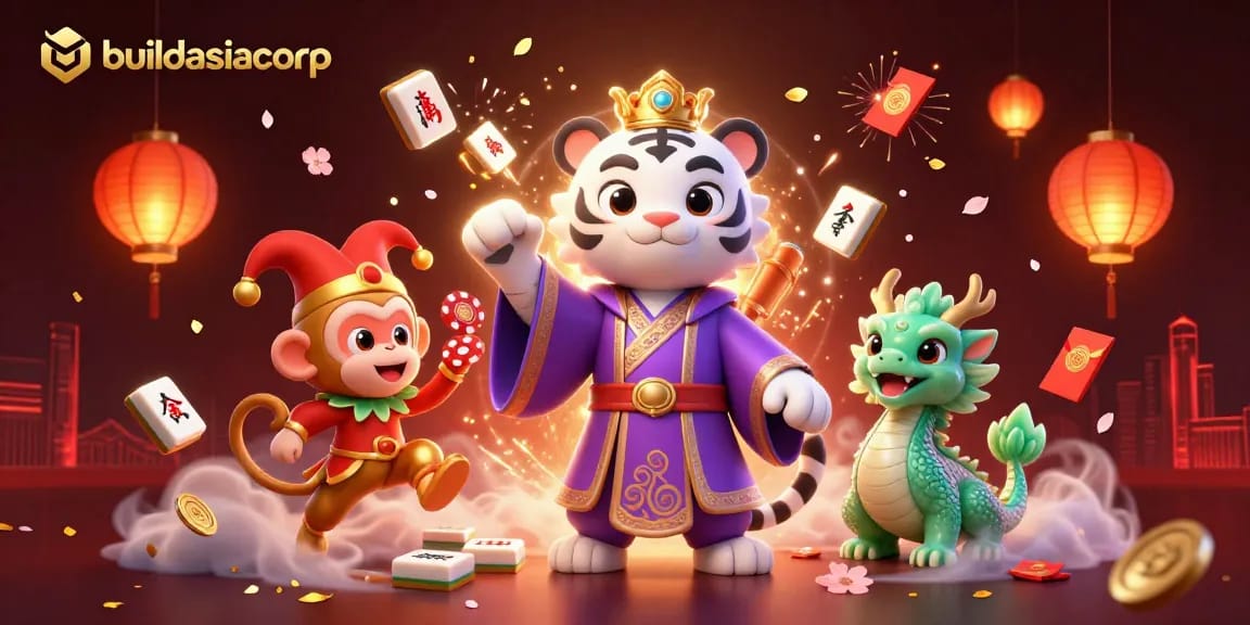 Engage in fun with buildasiacorp, featuring a lively casino scene with a tiger, monkey, and dragon.