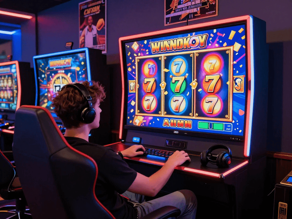 Excited player enjoying a slot77 game on a large screen with colorful graphics.