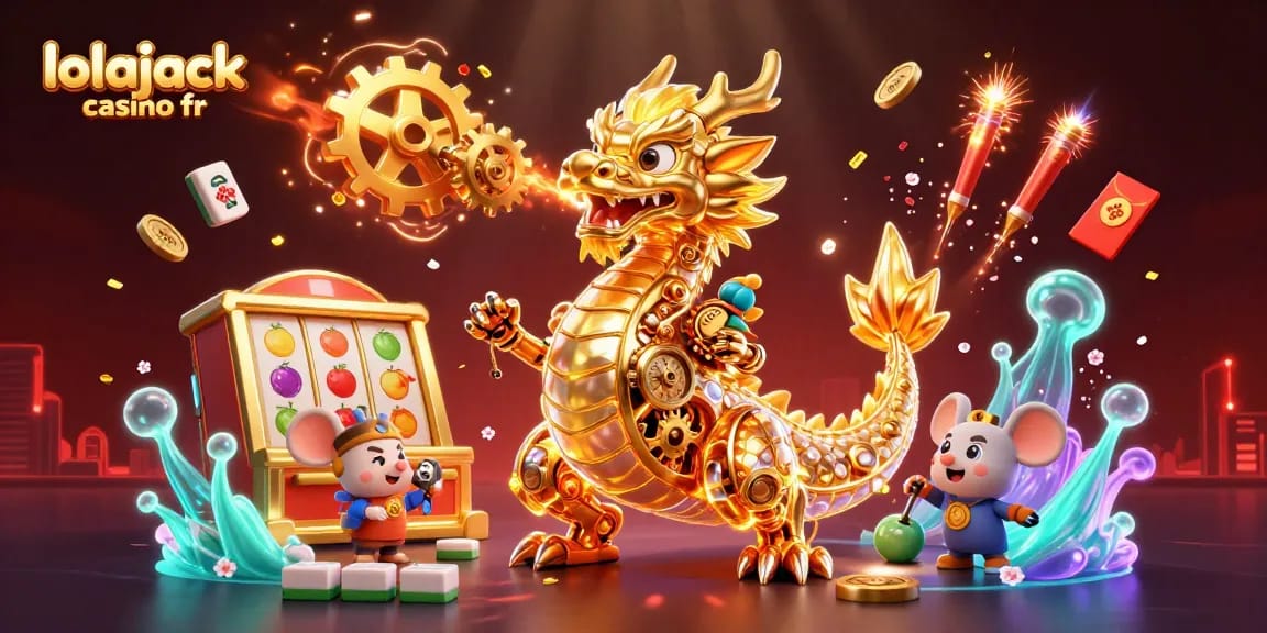 This dynamic illustration showcases lolajack casino fr elements with exciting 3D slot reels and a golden dragon, enhancing the gaming adventure.