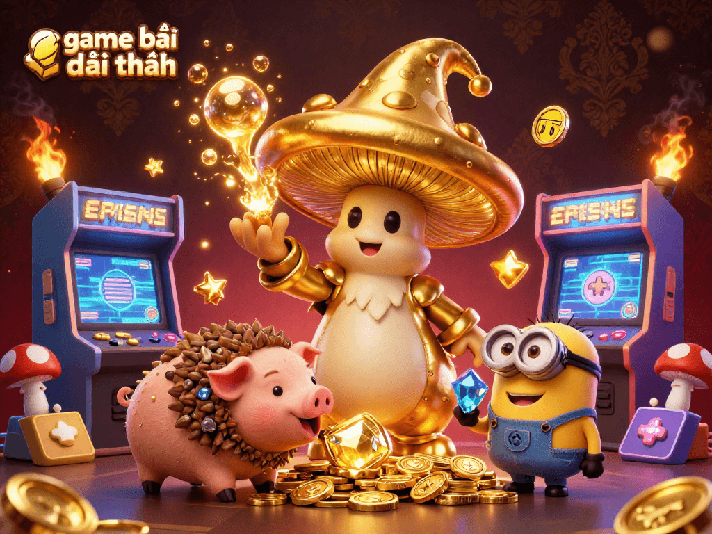 Engage with game bài đổi thưởng through a vibrant 3D digital illustration showcasing wizardry, treasure, and arcade excitement.
