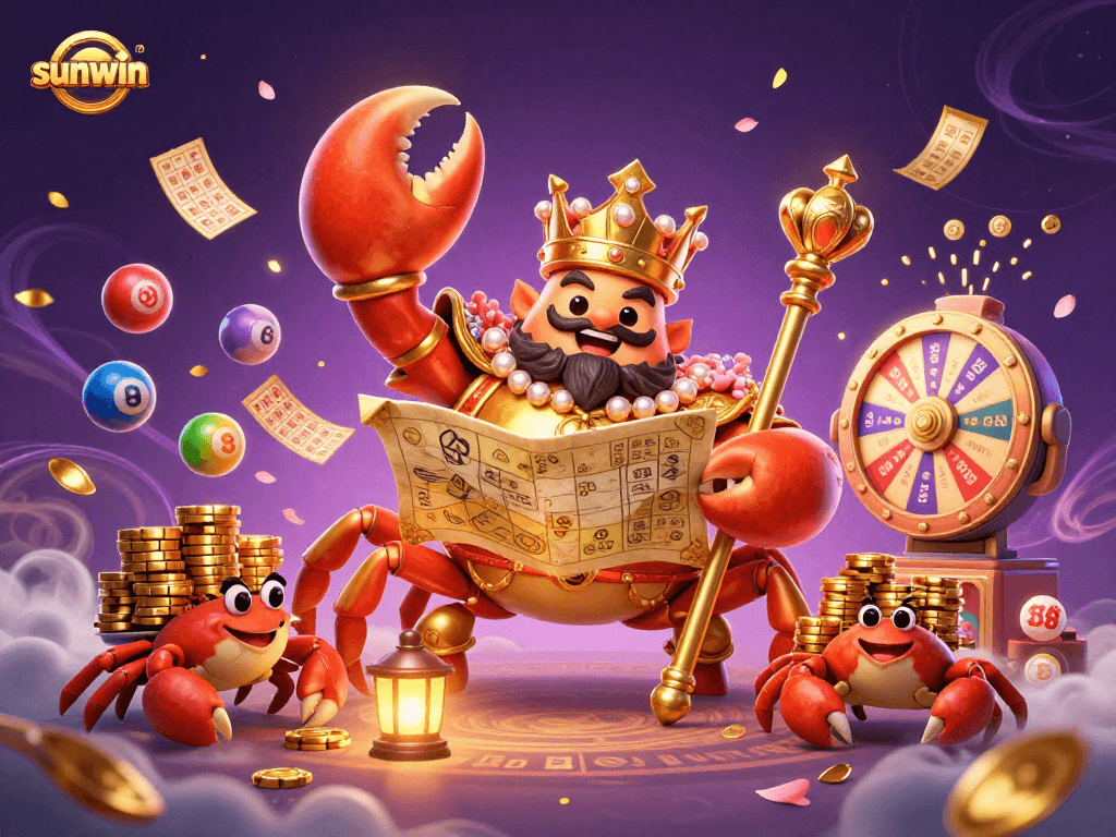 Sunwin promotes exciting lottery fun with a golden crab emperor and dynamic game elements.
