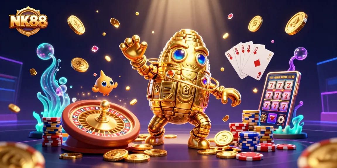 Watch as NK88's golden golem spins amidst dazzling casino elements in a vibrant online gaming scene.