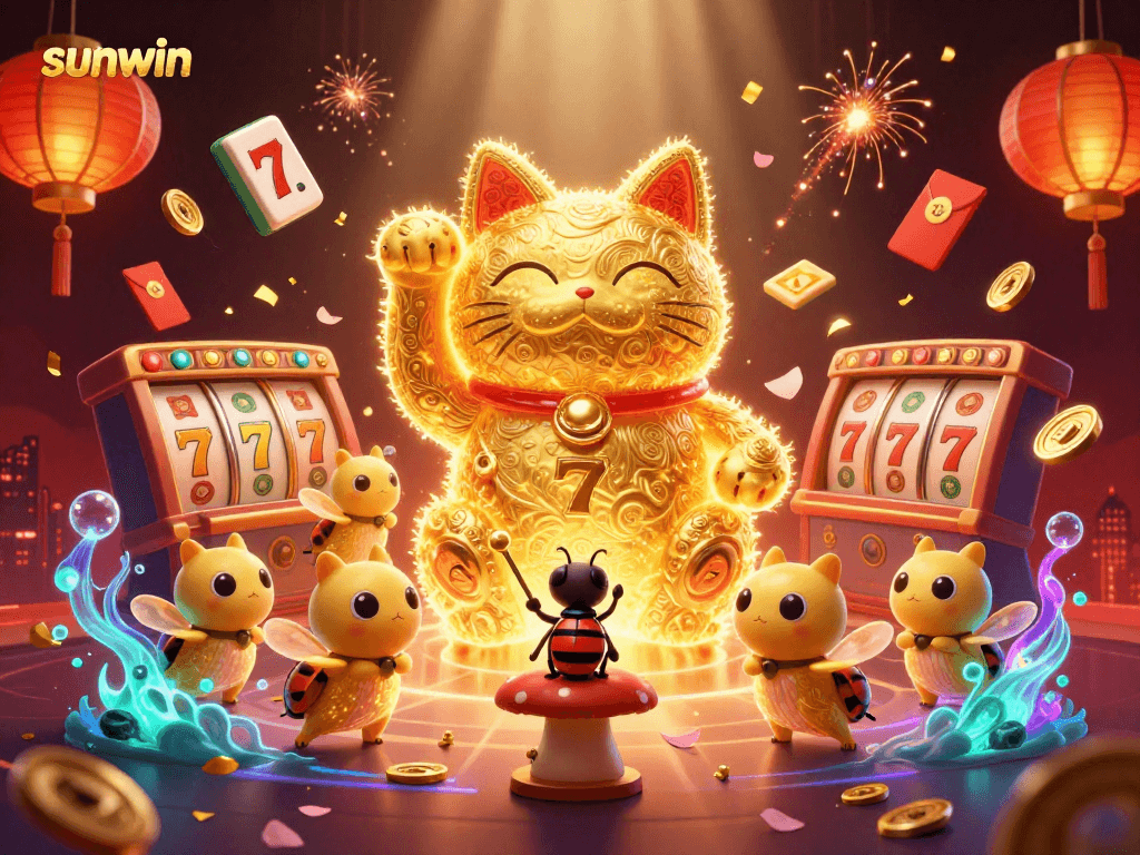 Experience the vibrant energy of sunwin with a 3D lucky cat and festive casino elements.