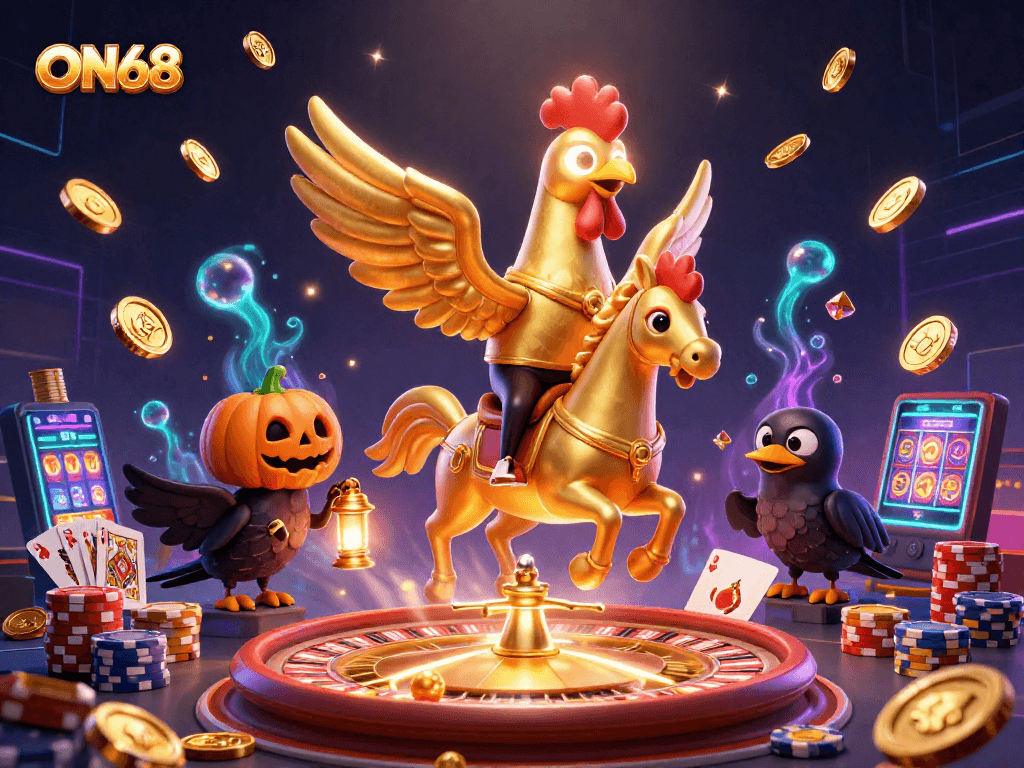 Engage fun with ON68, exciting golden rooster casino adventure amidst sparkling coins and cards.