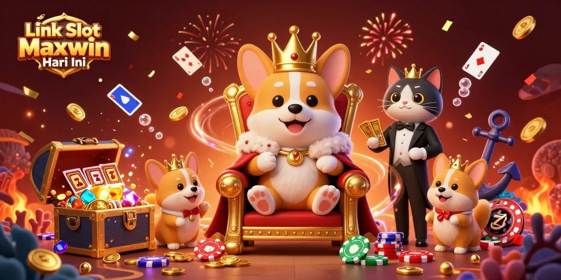 Spin to win at Link Slot Maxwin Hari Ini with a vibrant illustration showcasing a royal corgi and a cat butler amidst exciting slot gaming elements.