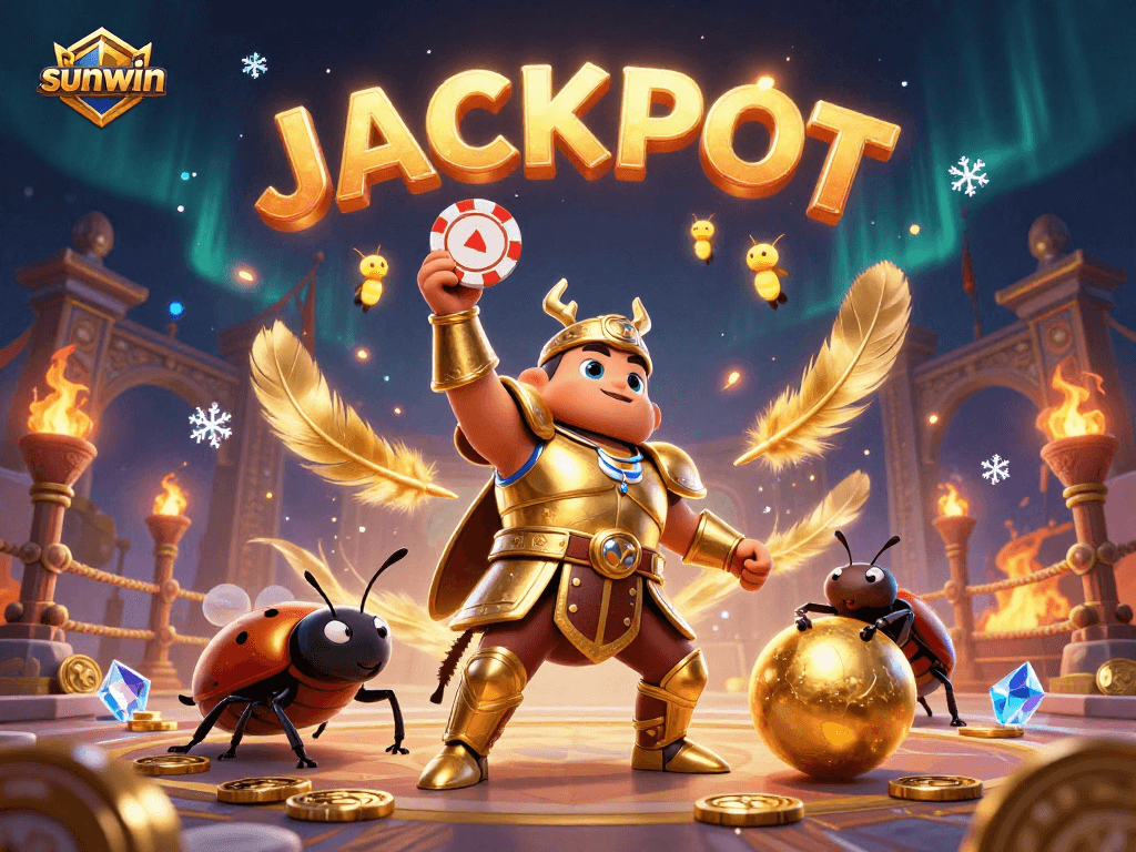 Experience excitement with sunwin where a heroic beetle celebrates a big win in a thrilling casino scene.